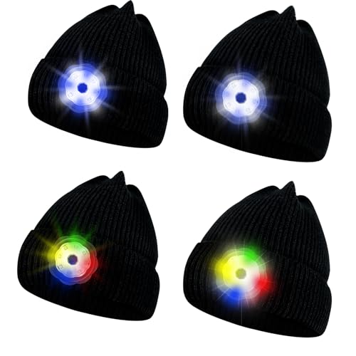 Riuog - Gorro LED con luz frontal, LED integrado, USB, recargable, unisex, invierno cálido de punto con lámpara frontal para exterior, color negro (4 piezas)