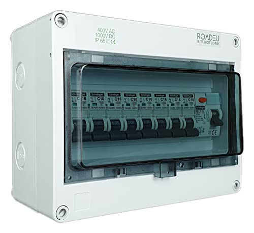 RoadEu - Interruptor de circuito - Completo con interruptor de protección Fi 40 A 2P - 16 A y 10 A C 6+2 en una caja de distribución empotrada - Caja de fusibles IP65