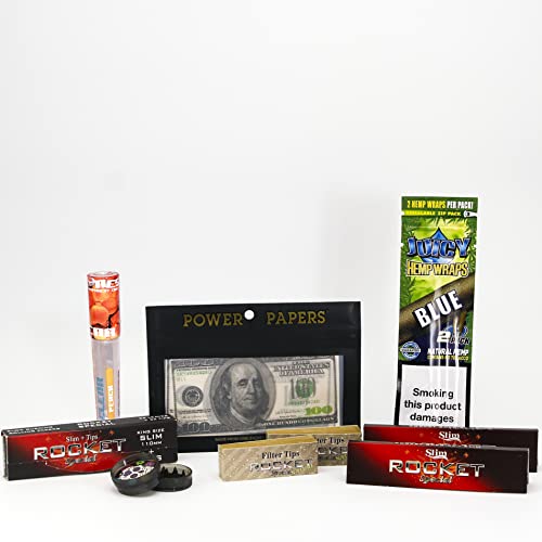 Rocket Special - Kit Fumador, Regalo Fumador, 2 Papel Slim (110mm) + 100 Tips Nature + Grinder 30mm + Juicy Jay's Blue + Ciclon Peach + Papel Dólar 12+12 hojas-tips