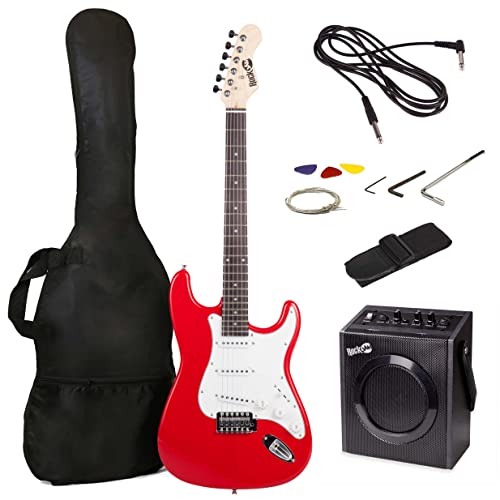 RockJam Kit de guitarra eléctrica de tamaño completo con amplificador de 10 vatios, clases, correa, bolsa de transporte, púas, golpe, plomo y cuerdas de repuesto, color rojo