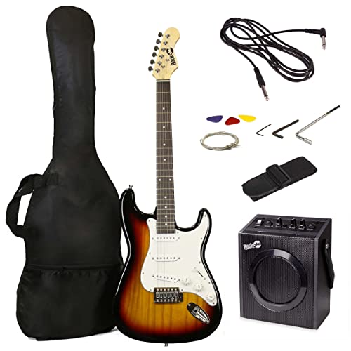 RockJam RJEG02-SK-SB Kit completo de guitarra eléctrica de 10 W, con amplificador, lecciones, correa, funda, púas, Whammy, plomo y cuerdas de repuesto, Marrón/Blanco (SunBurst)