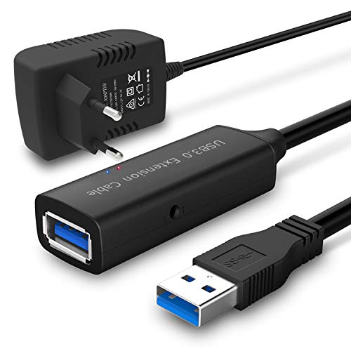 RSHTECH Cable alargador USB 3.0 con fuente de alimentación de 5 V 2 A, cable de extensión activo USB 10 m, cable de alta velocidad A a hembra A con amplificador de señal, repetidor de 5 Gbps, color