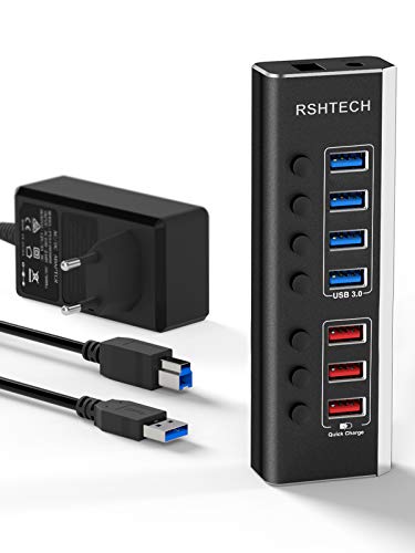 RSHTECH Hub USB activo 3.0 de aluminio con 36 W (12 V/3 A) fuente de alimentación de 7 puertos USB 3.0 Hub con carga rápida (4 puertos USB 3.0, 3 conexiones de carga rápida) con interruptor individual