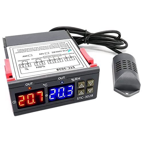 RUIZHI STC-3028 Medidor Digital de Temperatura y Humedad,110-220V 10A Termostato Dual Digital Display Regulador de Temperatura con Doble NTC Sonda de Calefacción Sensor
