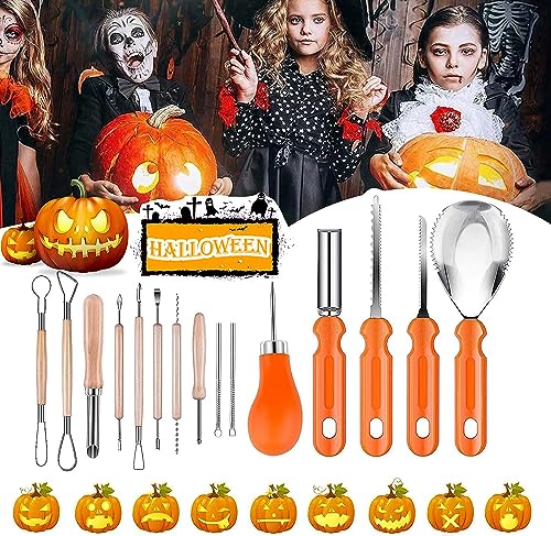 RUTIDA Kit de Calabaza Tallado de Halloween, 15 Piezas Kit de Calabaza Halloween Talla Herramienta Calabaza Bricolaje Herramientas de Acero Inoxidable para Adultos y Niños