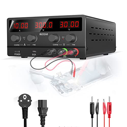 RUZIZAO Fuente de Alimentación Regulable 30V 10A DC Fuentes de Alimentación de Laboratorio Fuente de Alimentacion de Banco Ajustable Pantalla LED de 4 Dígitos (Negro 30V 10A)