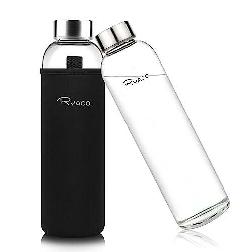 Ryaco Botella de Agua Cristal 1 Litro, Botella de Agua Reutilizable 33 oz, Sin BPA Antideslizante Protección Neopreno Llevar Manga y Cepillo de Esponja (1L, Negro)