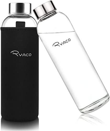 Ryaco Botella de Agua Cristal 550ml, Botella de Agua Reutilizable 18 oz, Sin BPA Antideslizante Protección Neopreno Llevar Manga y Cepillo de Esponja (550ml, Negro)