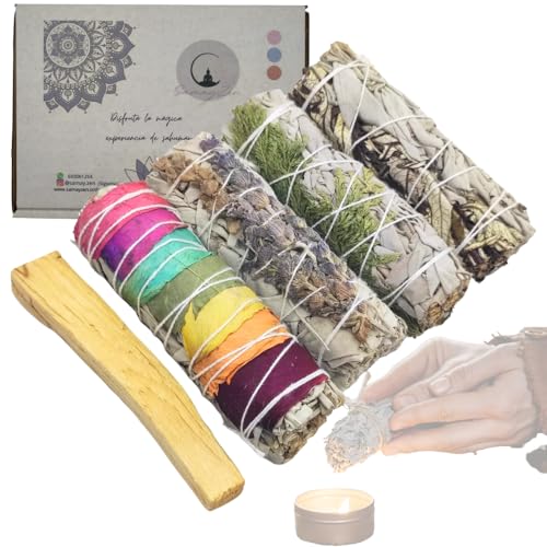 SamayZen - Kit Sahumerios - Salvia 7 Chakras - Salvia con Yerba Santa - Lavanda - Cedro - Atados para Meditar y Relajarse - Inciensos de Larga Duración - Palo Sagrado Santo - Limpieza energética