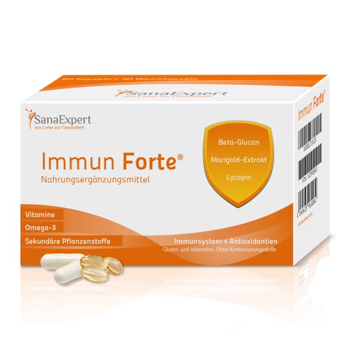 SanaExpert Immun Forte | VITAMINAS PARA REFORZAR EL SISTEMA INMUNITARIO | con omega-3, beta-glucano, extracto de caléndula, licopeno, luteína (90 cápsulas).