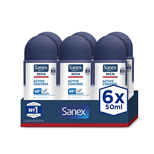 Sanex Men Active Control Desodorante Roll-On para Hombre, Pack 6 Uds x 50 ml, Protección 48H, Antitranspirante, Anti Irritación, 0% Alcohol, Combate el Mal Olor, Protección Larga Duración