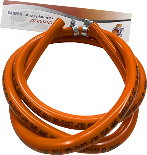 Kit Tubo Gas Butano Con Raccordi, Tubo Flessibile 1,5 Metri Arancione, 2 Fascette Stringitubo