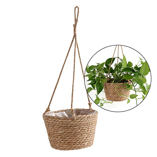 SANGDA - Maceta colgante de paja con cuerda de yute, cesta plegable de macramé para flores, plantas, decoración de interiores y exteriores