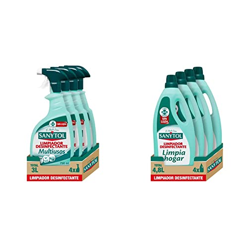 Sanytol - Limpiador Desinfectante Multiusos, Elimina Bacterias, Hongos y Virus Sin Lejía, Perfume Eucaliptus - Pack de 4 x 750 Ml = 3L & – Botella Desinfectante Limpiahogar-Pack de 4 x 1.200 ML = 4,8L