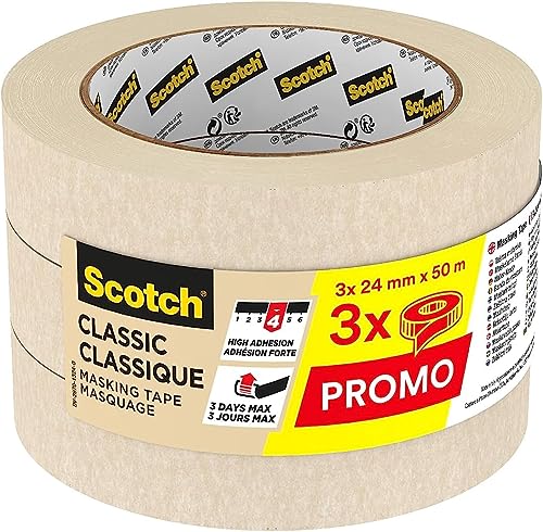 Scotch Cinta de Enmascarar Clásica, Beige - 24 mm x 50 m, Paquete de 3 Rollos