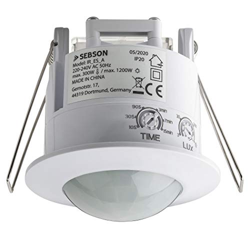 SEBSON® Detector de Movimiento Empotrable, Interior, Montaje en Techo, programable, Sensor de Infrarrojos, Alcance 6m / 360°, LED Adecuado