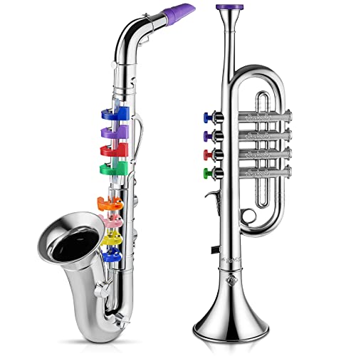 Set de 2 Instrumentos Musicales Incluye Trompeta de Juguete y Saxofón de Juguete Trompeta Plástica Juguete Educativo Regalo de Música de Escuela en Casa, Acabado Plateado con Claves de Color