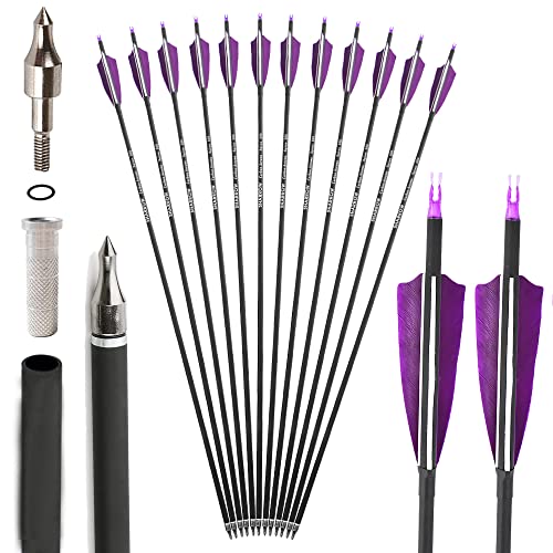 SHARROW 32 Pulgadas Flechas de Carbono Spine 500 Flechas de Caza Flechas para Adultos con 4" Plumas Naturales para Arcos y Flechas Práctica Puntería para Arco Compuesto Arco Recurvo (Púrpura, 12P)
