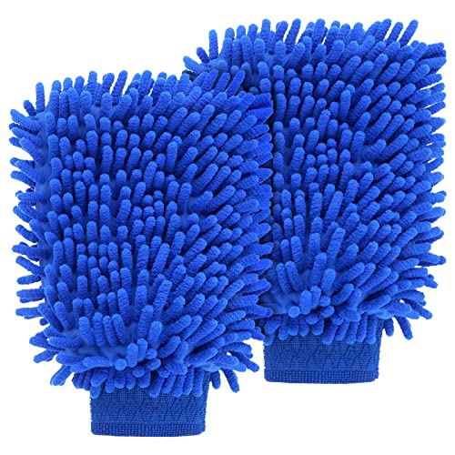 Sibba 2 Paños de Limpieza para Coche Paños Microfibra Cepillo para Rueda Detalle Guantes Cuidado Mango Largo Esponja para Limpieza Interior Secado AntiarañAzos Champú para Lavadora Paño de Tela (Azul)