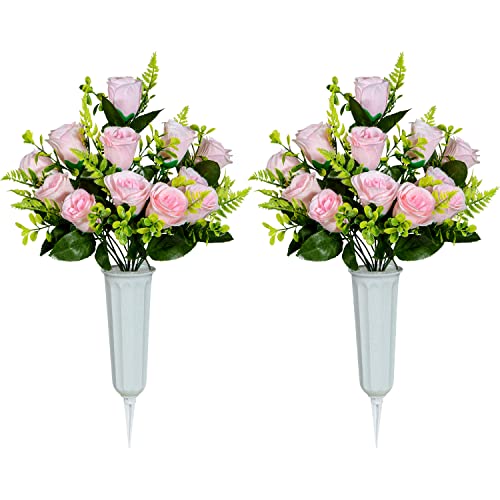 SIFOEL Flores Artificiales Cementerio con florero, Rosas Artificiales Flores conmemorativas para la decoración lápida del Cementerio (Pink)