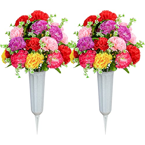 SIFOEL Flores artificiales de cementerio, tumba de clavel falso, flores conmemorativas con jarrón para decoración de lápidas de cementerio, juego de 2