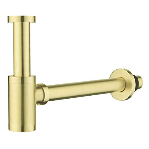 Sifón de diseño universal de latón para lavabo y lavabo, juego de desagüe de baño con sifón de 1 1/4 x 32 mm, redondo, cierre de olor, oro cepillado, dorado
