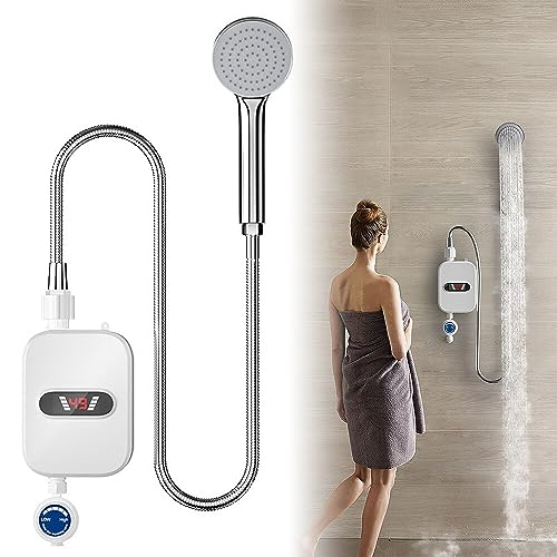 SKJJL 3000w - Grifo de calentamiento de agua instantáneo eléctrico, calentador de agua instantáneo con cabezal de ducha y tubos, para cuarto de baño, cocina, lavavajillas, enchufe de la UE