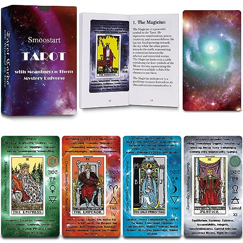 Smoostart Tarot holográfico para Principiantes con significados, con guía, Palabras Clave, Elemento, Planeta, zodíaco, Chakra, sí o no, Tono Musical, numerología, Alfabeto Hebreo