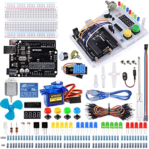 Smraza Kit Componentes Electronicos de Compatible con Arduino,Kit de iniciacion Definitivo con Tutorial Soporte para Placa de Pruebas Cables de Puente resistencias Motor de CC