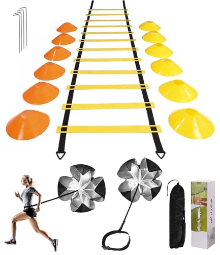 SOBEAU Speed ​​Agility Training Kit para Agilidad,Escalera de Agilidad 6M,12 Conos Deportivos y paracaídas de Resistencia de Entrenamiento,Equipo de Entrenamiento de fútbol para niños y Adultos