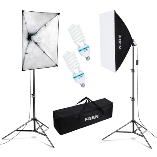 Softbox Photo Studio Set, lámpara fotográfica FGen 2x50x70cm, iluminación para Estudios fotográficos con Base E27, lámpara fotográfica 135W 5500K y Soportes de luz Ajustables de 2M para