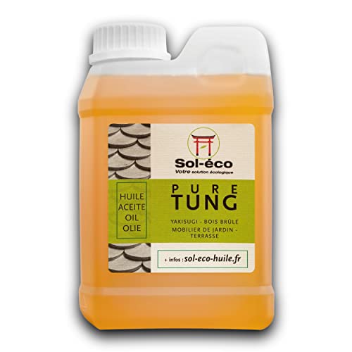 (Sol-éco) Aceite de Tung puro | Protección y mantenimiento de la madera interior/exterior | Contacto con alimentos | Muebles de jardín, encimeras, terrazas, cocinas, tablas de cortar, teca, parquet 1L