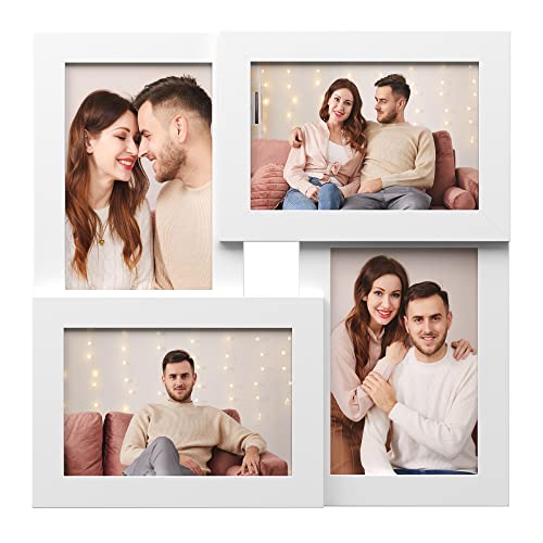 SONGMICS Picture Frames Collage for 4 photos, for 4" x 6" (10 x 15 cm), Wall Mounted Photo Gallery Display, Glass Front, Wood Grain, White RPF25WT