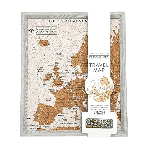 Splosh Mapa de viaje – Tablero de pines de escritorio mapa de Europa en gris, marco de madera. Tablero de corcho con 100 pines en 2 colores para marcar tus aventuras pasadas y futuras, tablero de