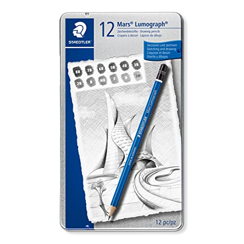 STAEDTLER Mars Lumograph 100 G12 S, Pack de 12 Lápices de Dibujo de Distinta Dureza, Color Negro/ Azul