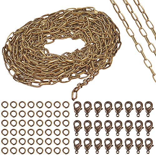 SUNNYCLUE 1 Roll Rectangle Jewellery Making Chain Bulk Cadena de Cable de Bronce Antiguo de 5 mm con 20 Piezas de Cierres de Langosta Y 50 Piezas de Anillos de Salto para Joyería