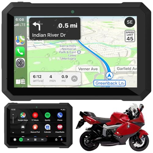sunweyer Suyweyer Motocicleta Carplay y Android Auto, navegación GPS inalámbrica portátil, pantalla táctil impermeable IPX7 de 7 pulgadas, Bluetooth dual 5G