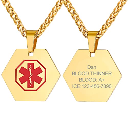 Supcare Hexágono Collares Personalizados con Grabar Letras Material Metálico Colgante Pequeño Dorado con Cruz Roja Símbolo Medical Joyería Funcional