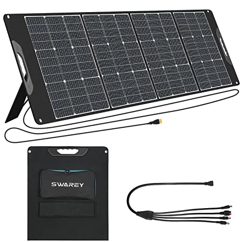 SWAREY Panel Solar 200W, Placa Solar Portátil ETFE Monocristalino con 18V DC/USB/QC 3.0/Tipo C PD 18W, Soporte Ajustable, Cargador Solar Plegable para Estación de Energía, Exteriores, Camping, RV