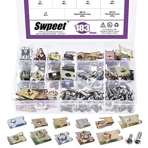 Swpeet Kit surtido de tuercas y tornillos chapados en zinc, 183 unidades, para coche, para panel de puerta de tablero interior SAE