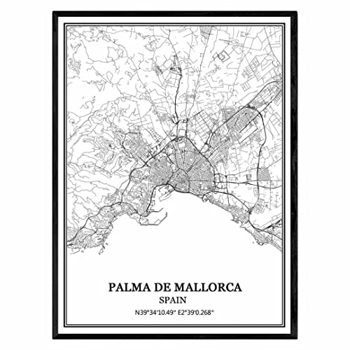 TANOKCRS Palma de Mallorca España Mapa de pared arte lienzo impresión cartel obra de arte sin marco moderno mapa en blanco y negro recuerdo regalo decoración del hogar