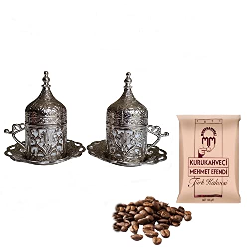 Taza de café de cerámica marroquí turco de color plateado y bronce + paquete de café de 100 g (tazas de café de plata turca + café de 100 g)