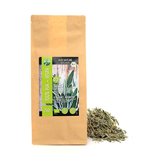 Té de salvia orgánico (250g), hojas de salvia orgánica cortadas, hojas de salvia de cultivo orgánico controlado, secado suave, 100% puro y natural, té de hierbas hecho de hojas de salvia