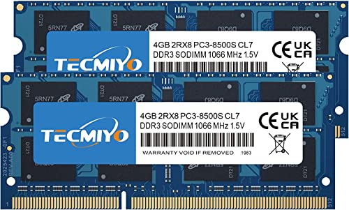 TECMIYO 8GB Kit(2X4GB) PC3-8500S DDR3 1066MHz/1067MHz Sodimm 2RX8 Dual Rank 204 Pin 1.5V CL7 Non-ECC Módulo de memoria RAM de portátil sin búfer para Intel AMD y sistema Mac