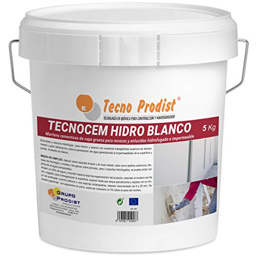 TECNOCEM HIDRO de Tecno Prodist (5 Kg) Mortero cemento de capa gruesa para revocos y enlucidos, hidrofugado e impermeable de color blanco
