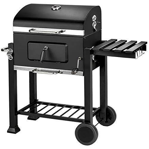 tectake Barbacoa de Carbón Vegetal, Parrilla de Mantenimiento de Calor, Estante Lateral Plegable, Termómetro Integrado, 2 Ruedas Grandes, Cajón de Cenizas, Negro