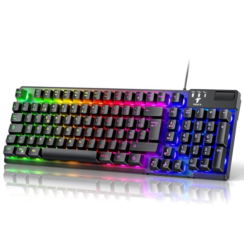 TECURS - Teclado para Gamer semimecánico, 19 teclas antifantasma, retroiluminación LED, multimedia, silenciosas, teclado Gaming Membrane Azerty, impermeable para ordenador Windows/Xbox / PS4, USB con