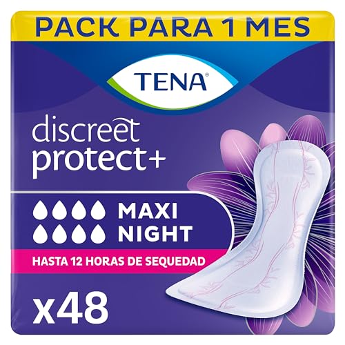 TENA Discreet Protect+ Maxi Night: Compresas Nocturnas para Mujeres - Máxima Protección y Confort al Acostarse, y Absorción con InstaDRY™ - Paquete Mensual de 48 unidades