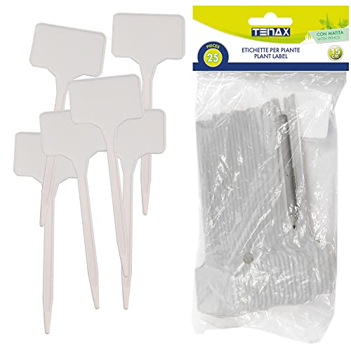 tenax Etiquetas de plástico para plantas, color blanco, paquete de 25 etiquetas y lápiz incluidos, etiquetas para hierbas, siembras, verduras, flores, plántulas en maceta e invernadero