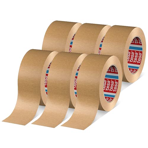 tesa Pack 4713 - Paquete de 6 cintas adhesivas de papel para cerrar embalajes, reciclables y sin disolventes, color marrón, 6 rollos de 50 m x 50 mm